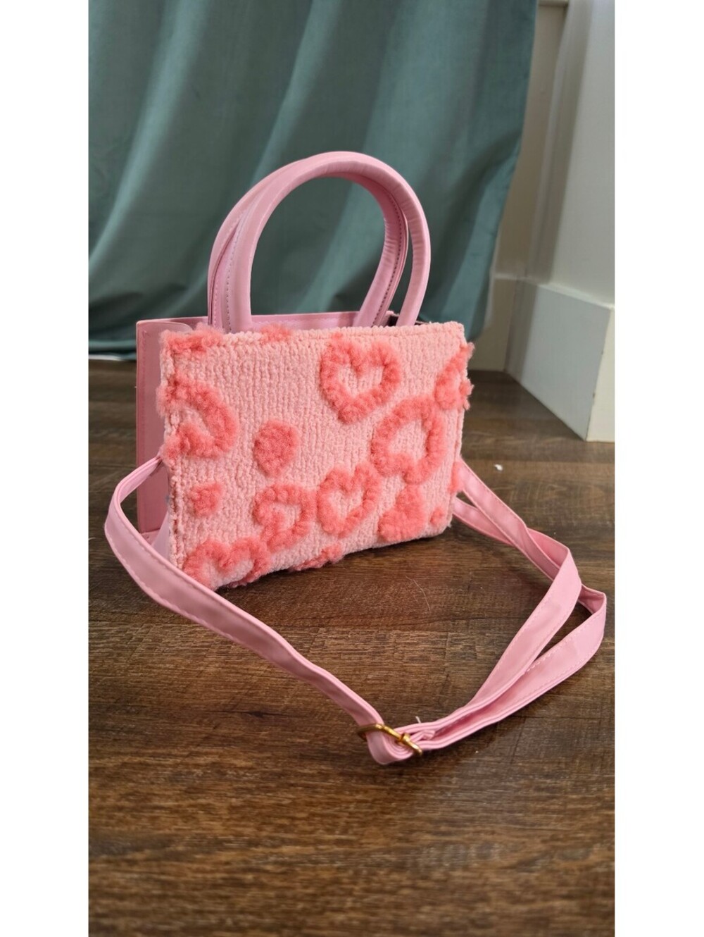 Pink Faux Shearling Heart Pattern Crossbody Bag with Top Handles